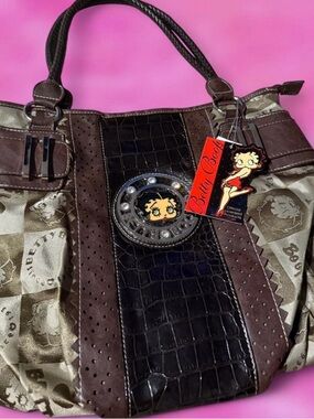 Betty Boop Brown, Black & Tan Logo Shoulder Tote